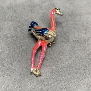 Vtg Whimsical Pink Blue Flamingo 1.75” Gold Tone Brooch